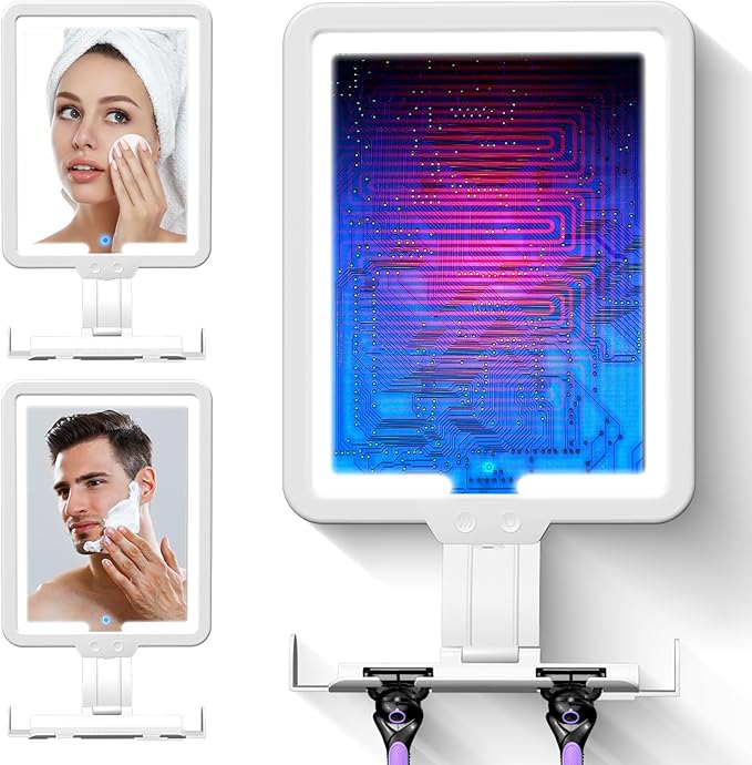 Heated Shower Mirror Fogless for Shaving, 3 Color Dimming Shower Shaving Mirror, 9.5 * 8inch Anti-Fog Shower Mirror with Lights, Wall-Mounted Large Shaving Mirror with Razor Holder