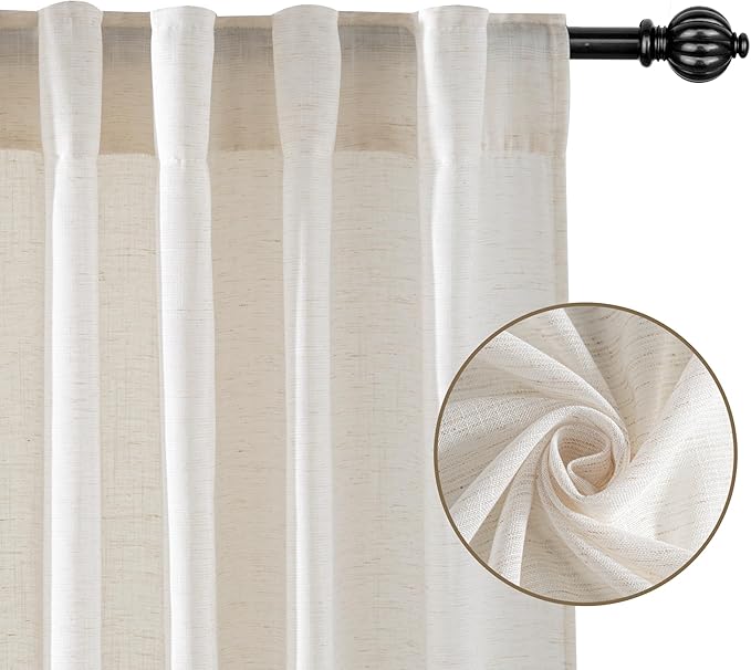 RYB HOME Sheer Curtains 84 inches Long Linen Blend Light & Airy Vertical Translucent Panels for Bedroom Living Room Office, Rod Pocket & Back Tab, W52 x L84, Ivory, 2 Panels