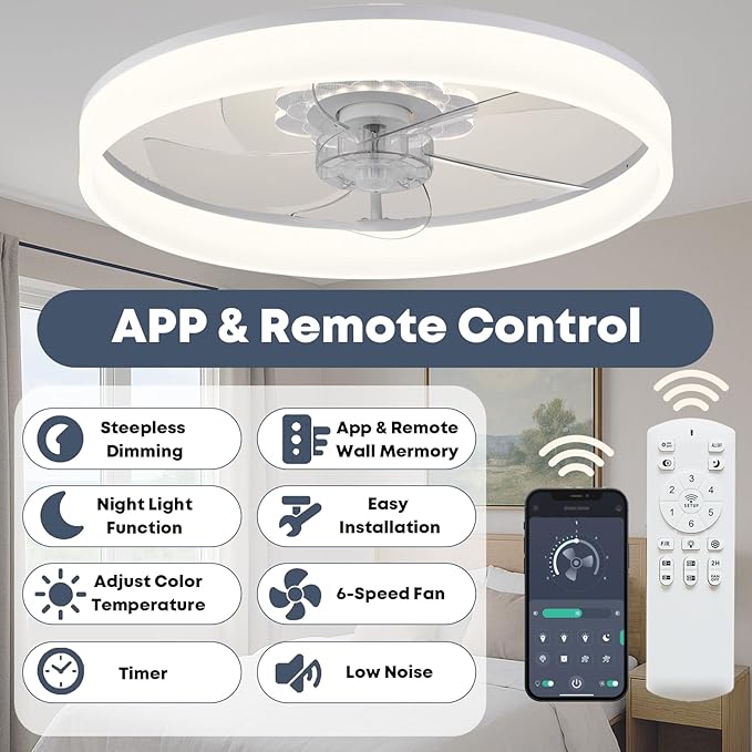 20'' Ceiling Fan with Light, Upgraded Low Profile Fan, Flush Mount Ceiling Fan, 6 Speeds, Dimmable LED, App & Remote Control, Quiet DC Motor, for Bedroom, Living Room, F116 White