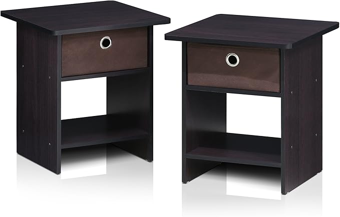 Furinno Dario End Table / Side Table / Night Stand / Bedside Table with Bin Drawer, 2-Pack, Dark Walnut