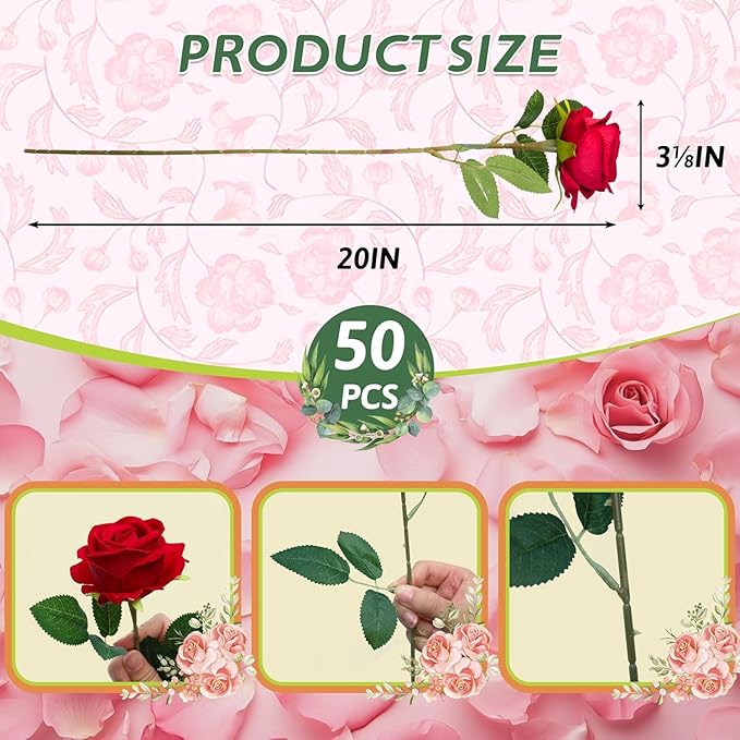 100 PCS Fake Red Roses, Artificial Red Flowers Bulk Realistic Silk Faux Rose with Stems for Wedding Decoration Anniversary Bridal Bouquet DIY Floral Arrangement Romantic Home Decor Gifts