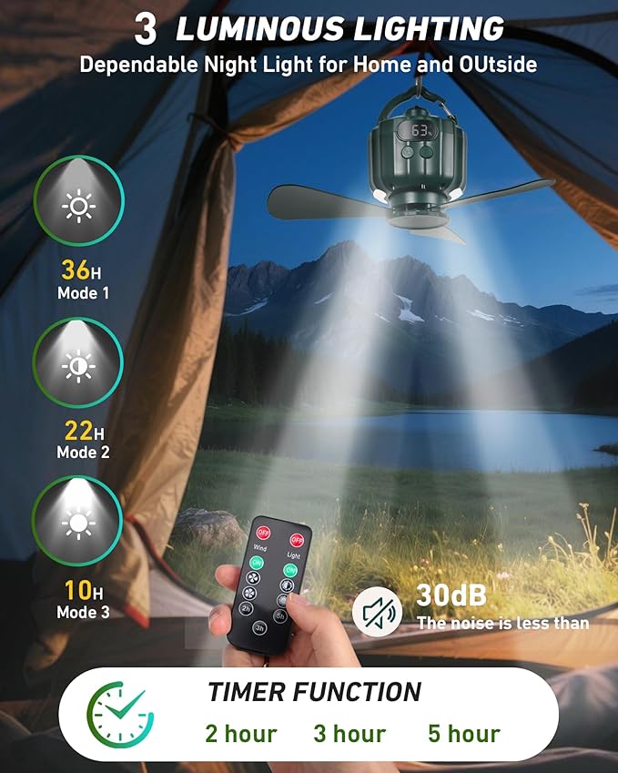 DUKUSEEK Tent Ceiling Fans for Camping Hanging, Portable Tent Fans with Light and Remote Control, Power Bank, USB Battery Operated Camping Fan with Hanging Hook for Outdoor, Car, RV