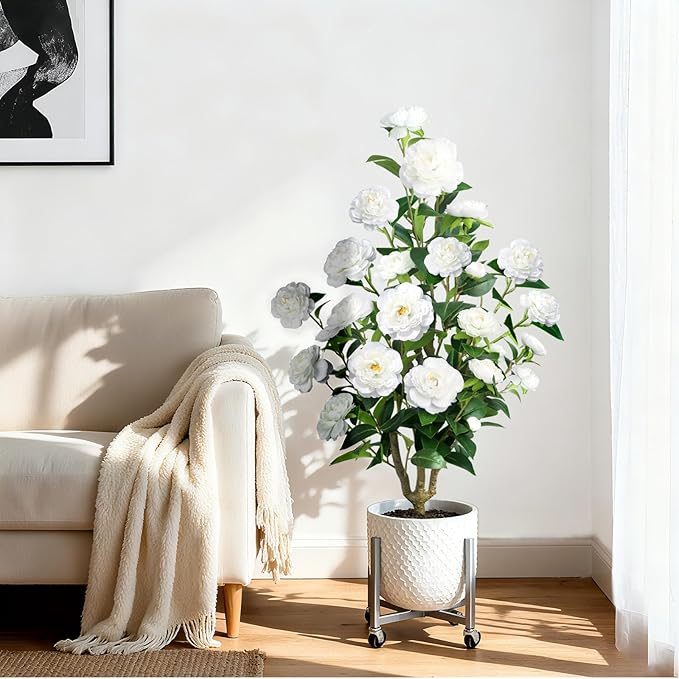 Faux Outdoor Plants 2 Pcs - 39’’ Artificial Camellia Tree Potted with White Flowers, Artificial Plants Outdoor Porch Front Door Garden Indoor Office Home Wedding Decor Housewarming Gift