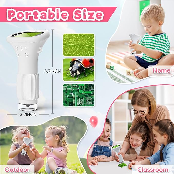 Microscope for Kids, Ahalfcit Microscope with 2'' Inch Screen -1000X Zoom Portable Camera, Birthday for 3 4 5 6 7 8 9 0 11 12 Years Old Kids,Science Educational Toys - White