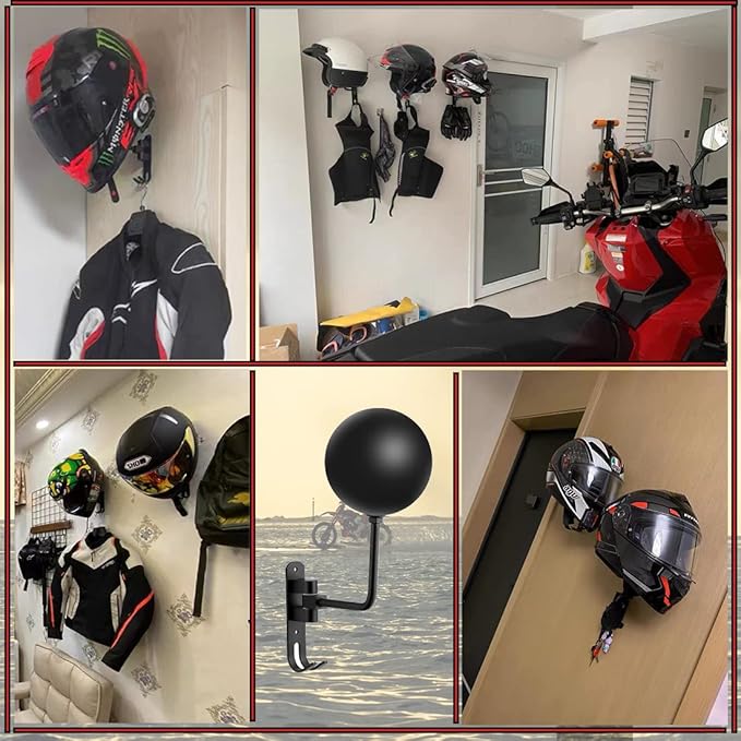 SANGMO 180°Motorcycle Helmet Rack, Rotation Metal Helmet Holder Wall Mounted Helmet Rack Motorcycle with 2 Hooks Helmet Hanger for Motorcycle Bike Coats, Caps, Baseballs, Rugby Helmet (1 pcs)