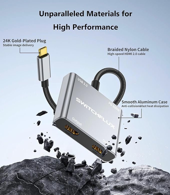 USB C to Dual HDMI Adapter |4K60Hz HDMI Splitter Extended Display for Dual Monitors,100W PD,USB 3.0 Port Converter Compatible with Laptop,Tablet,Graphics Card