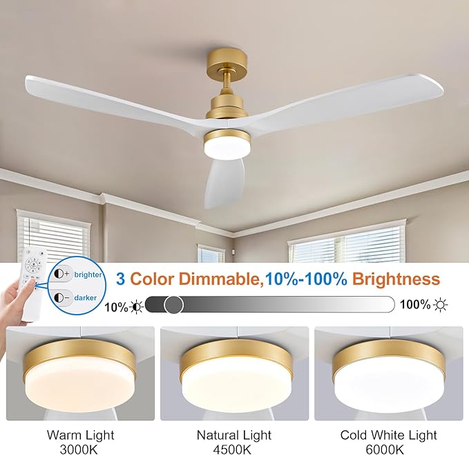 BOJUE 60 Inch Wood Ceiling Fans with Lights and Remote, White Gold Outdoor Ceiling Fan with Light, Dimmable 3 Blades Outdoor Fans for Patios Noiseless Modern Ceiling Fans for Bedroom Living Room