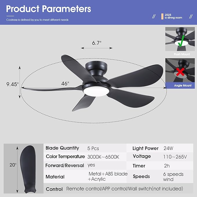 46 Inch Modern Ceiling Fans with Lights, Flush Mount Ceiling Fan with Light and Remote/APP Control, 5 Reversible 6 Speeds Curved Blades, 3 CCT Dimmable Lights for Bedroom, Black