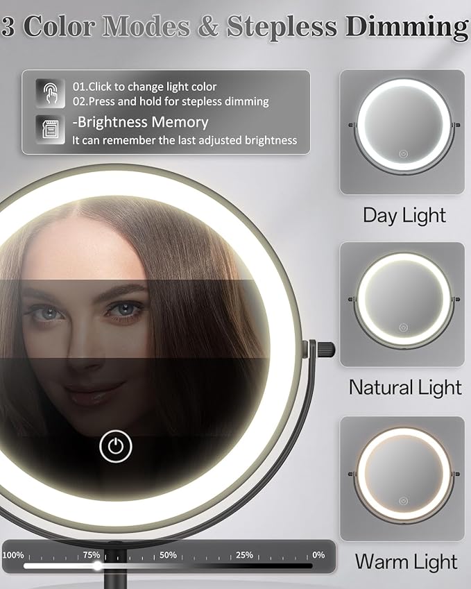Makeup Mirror with Lights, 1X/30X Lighted Magnifying Mirror Height Adjustable, 3000mAh Rechargeable Double Sided Vanity Mirrors with 3 LED Lighting and Adjustable Brightness for Desk Women Gift