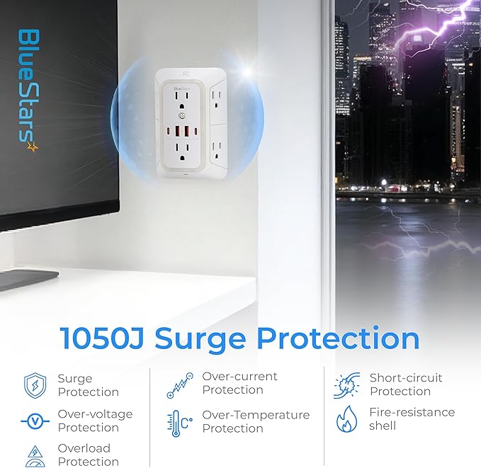 Wall Mount Power Strips Wall Charger 6 Outlet Extender 4 USB Ports (5V, 2.4A, 12W) and Night Light 3-Sided Power Strip with Adapter Spaced Outlets - Multi Plug Outlet Surge Protector for Home Office