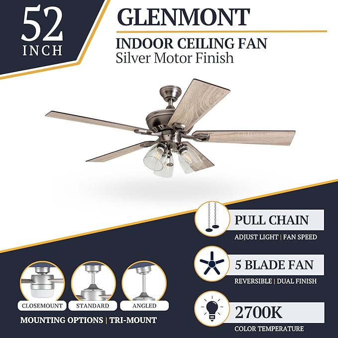 Prominence Home Glenmont, 52 Inch Farmhouse LED Ceiling Fan with Light, Pull Chain, Three Mounting Options, Dual Finish Blades, Reversible Motor - 50388-01 (Pewter)