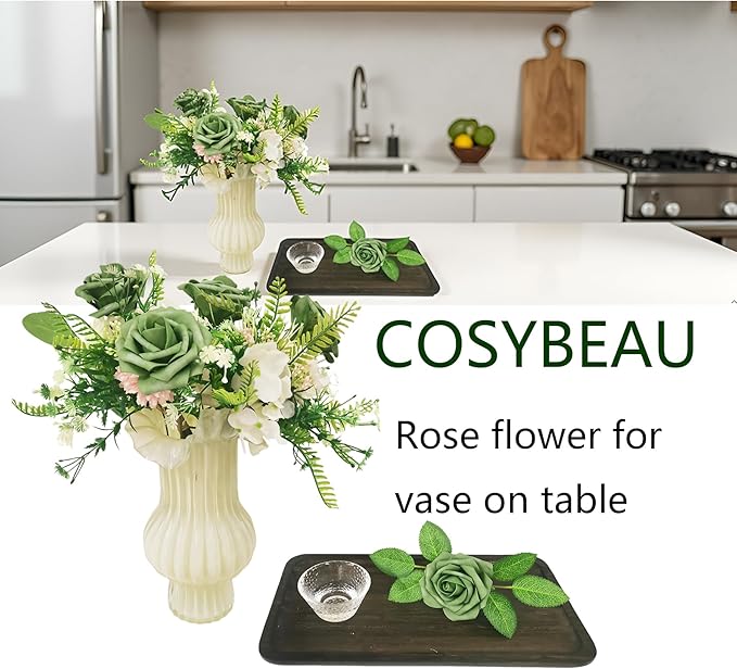 Artificial Rose Flowers 25pcs, Military Green Foam Fake Rose Faux Flower for Wedding Bouquets Bridal Shower Centerpieces Floral Arrangements Home Decorations Party Backdrops Table