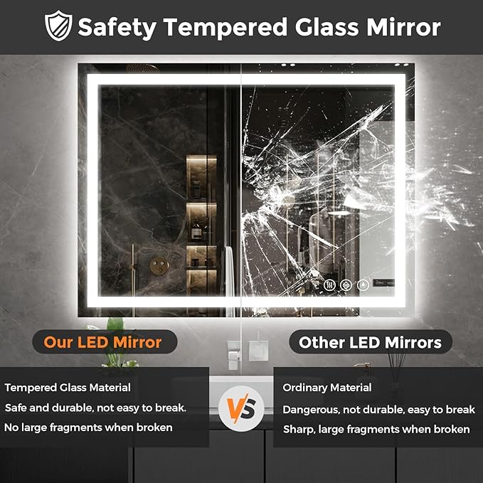 Koonmi 36x48 LED Bathroom Mirror, Backlit + Front Lit, LED Bathroom Mirror with Lights for Wall, 3 Colors, Anti-Fog, Dimmable Brightness, Memory Function, Tempered Glass