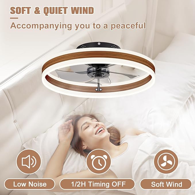 VOLISUN Low Profile Ceiling Fans with Lights and Remote, 19.7in Farmhouse Ceiling Fans with Light Flush Mount, 3000K-6500K Dimmable Fandelier LED Fan Light, Bladeless Ceiling Fans for Bedroom