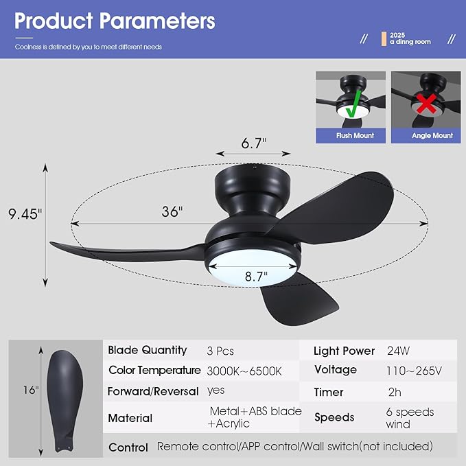 36 Inch Modern Ceiling Fans with Lights, Small Flush Mount Ceiling Fan with Light and Remote/APP Control, 3 Reversible 6 Speeds Curved Blades, 3 CCT Dimmable Lights for Bedroom, Black