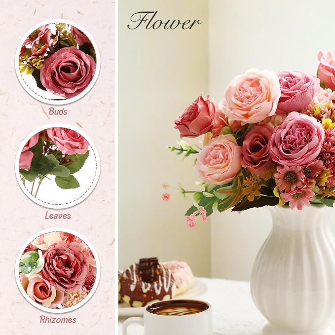 Zeyune 12 Bundles Artificial Peonies Flowers Artificial Silk Rose Faux Dahlia Fake Chamomile Hydrangea Bouquet Bulk for Vase Home Wedding Centerpiece Party Decoration (Dust Rose,Petal Dust)