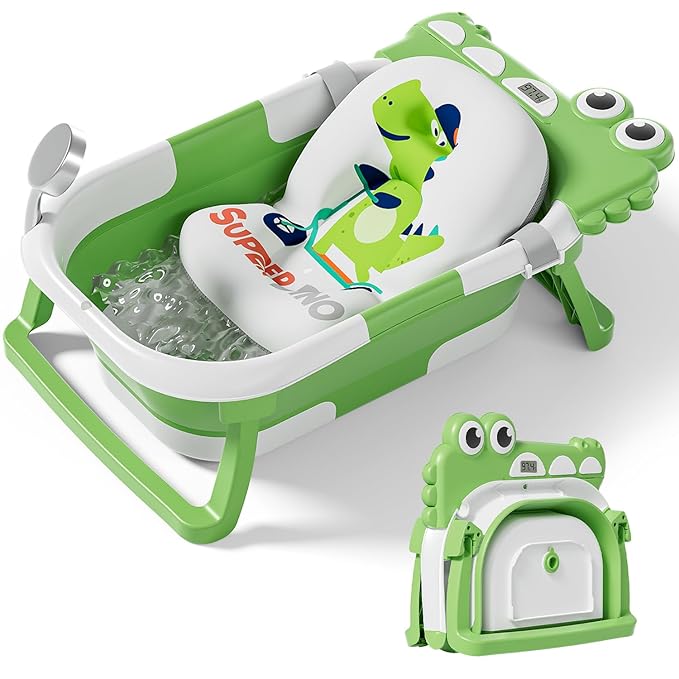 TPN Collapsible Baby Bathtub, Baby Bath Tub with Soft Cushion & Real-Time Thermometer, Baby Bathtub Infant to Toddler Tub (0-36 Months), Portable Newborn Travel Bath tub
