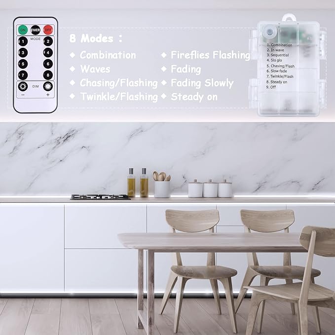 echosari Battery Operated Led Strip Lights White with Remote, 8 Modes, Dimmable, Timer, Self-Adhesive, Cuttable, for PC TV Kitchen Cabinet Shelves Bedroom Decor (3m 90LED)