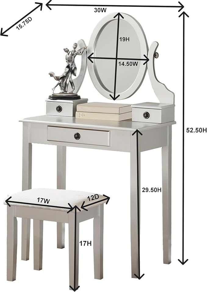 Roundhill Furniture Moniys Wood Moniya Makeup Vanity Table and Stool Set, Silver