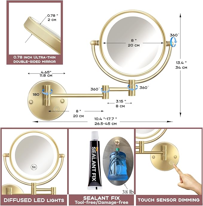 Lighted Makeup Mirror Wall Mounted Gold, Double Sided 1/5X Magnifying Mirror Wall Mount with Light, 360 Swivel Cosmetic Mirror for Bathroom, Brass Brushed Gold, Hardwired