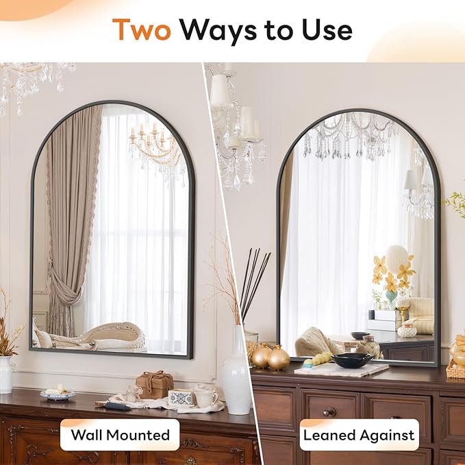 Sweetcrispy Arched Bathroom Mirror 36x25 Inch Black Metal Framed Arch Vanity Mirror for Wall, Over Sink, Farmhouse, Restroom, Anti-Rust, Modern Decorative, Hanging or Leaning
