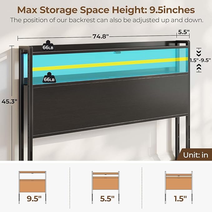 Rolanstar Headboard for King Size Bed with Storage, 60,000 DIY Color of LED Light, Head Board with USB & Type C Port, Height Adjustable, Black Cabeceras de Cama Comfortable Modern, Wood