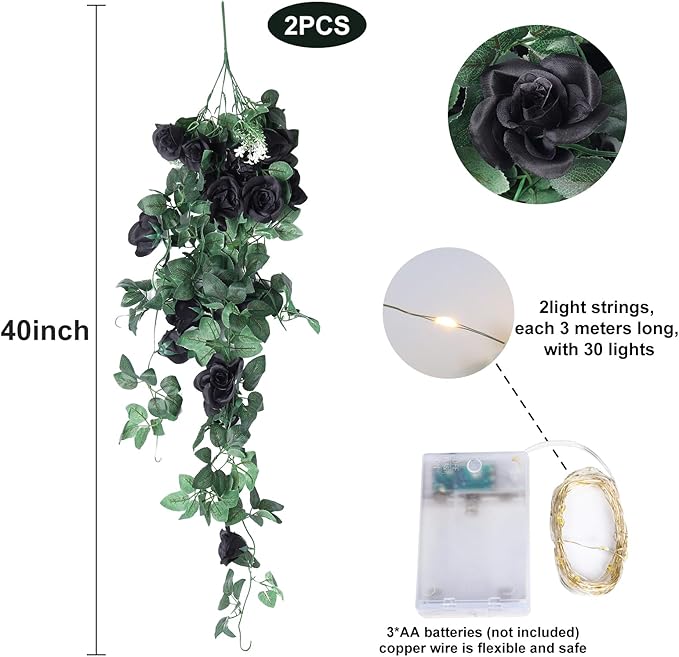 RECUTMS Hanging Flowers Black Artificial Rose Flower 2PCS 3.3Ft for Outdoors with 30 LED Fairy String Lights Fake Indoor Wall Wedding (Black)
