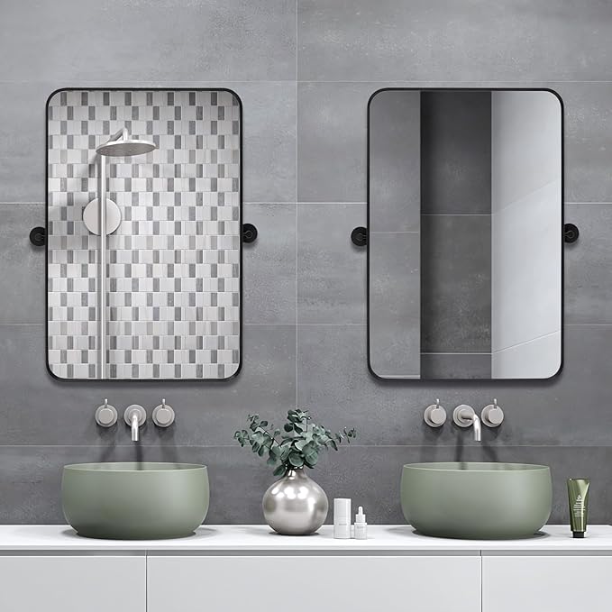 24" x 32" Pivot Rectangle Bathroom Mirror Tilting Beveled Black Metal Framed Vanity Mirrors for Wall, Tempered Glass