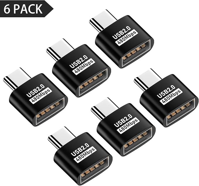 Duttek USB2.0 to USB C Adapter 6 Pack, USB Type C Male to USB 2.0 Type A Female Extension Connector Support 480Mbps Data Transfer, OTG Function and Charging for Phone, Laptop, USB Keyboard(Black)