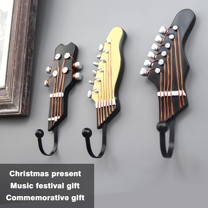 KUNGYO Vintage Guitar Shaped Decorative Hooks Rack Hangers for Hanging Clothes Coats Towels Keys Hats Metal Resin Hooks Wall Mounted Heavy Duty (3-Pack) (Guitar Hook-A)