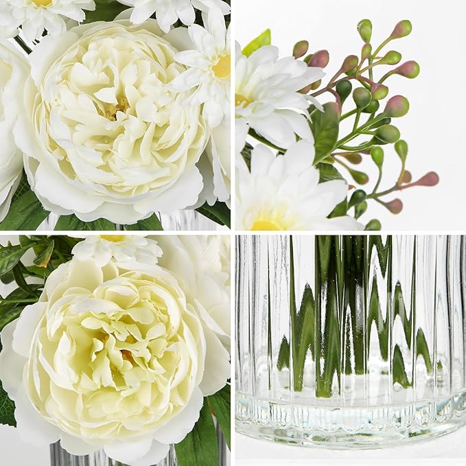 DILATATA Artificial Flowers in Vase White Silk Peony & Daisy Faux Floral Arrangements for Table Centerpieces, Home Office Kitchen Bathroom Decor, Spring Fake Flower Arrangement