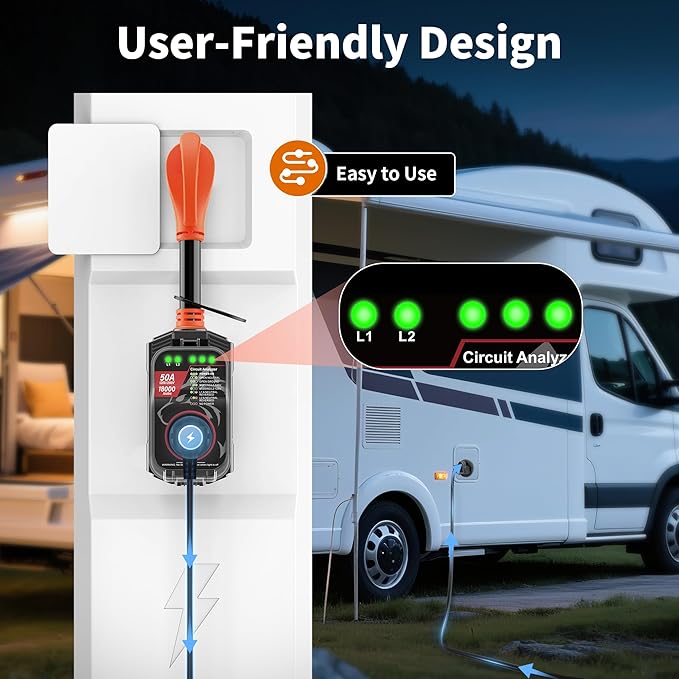 Vehiker 𝟏𝟖𝟎𝟎𝟎 𝐉𝐨𝐮𝐥𝐞𝐬-RV Surge Protector 50 Amp, RV Power Surge Voltage Protection, RV Adapter Plug for Camper, Circuit Analyzer for Travel Trailers with Waterpoof Cover(Orange)