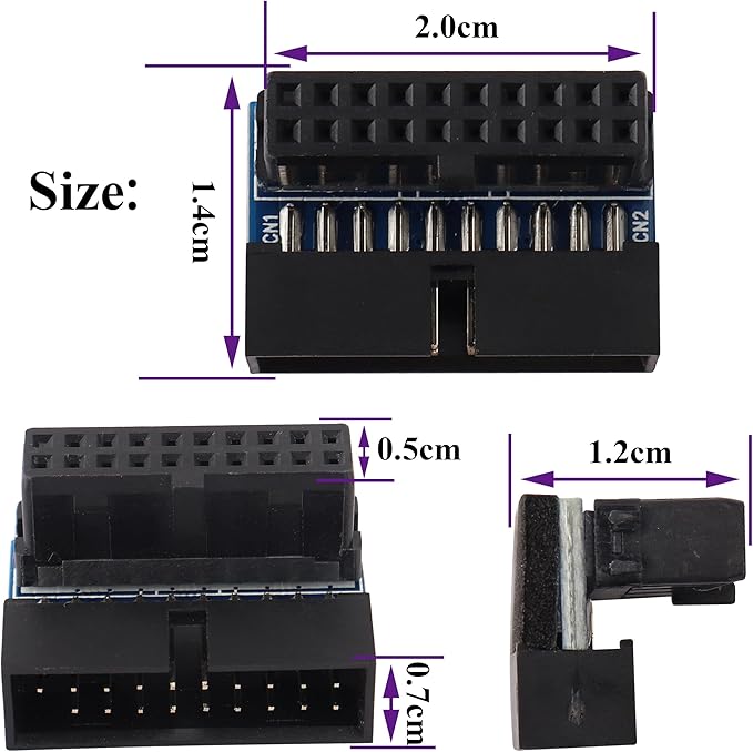 2 Pack Down Right Angle USB 3.0 19-pin Connector 90 Degree 19Pin/20Pin 3.0 USB Female to Male Extension Power Adapter Board for Desktop Motherboard Internal Header Adapter(Down/Black-20Pin)