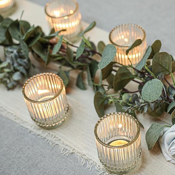 Vintage Ribbed Clear Glass Tealight & Votive Candle Holders (Set of 12), Wedding Bridal Shower Party Table Decor, Fall Decor, Boho Decor, Shelf Decoration