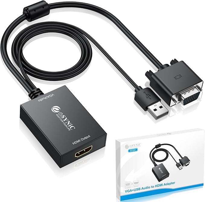 eSynic Professional VGA to HDMI Adapter 1080P VGA to HDMI Cable Converter ABS Shell Male to HDMI Female Support USB Power&Audio Output with Mirror & Extend Modes for Laptop to Monitor etc