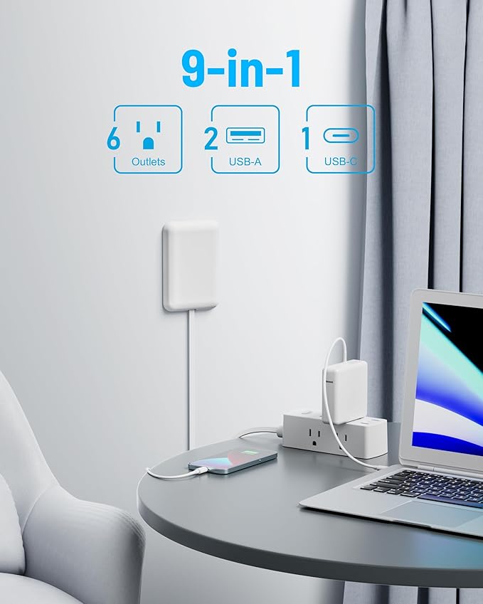20FT Flat Extension Cord with Outlet Cover, Flat Plug Power Strip with 6 Outlets and 3 USB Ports, 2000 Joules Surge Protector, Hidden Outlet Extender for Tight Spaces