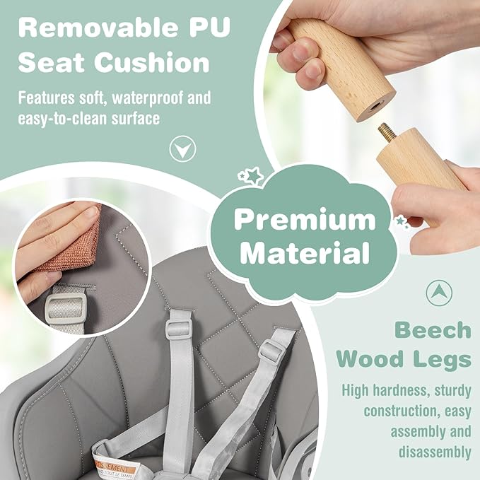 BABY JOY Baby High Chair, 6 in 1 Convertible Wooden Highchair for Babies & Toddlers with Adjustable Legs, Removable Double Tray, Safety Harness & Waterproof PU Cushion (Gray)