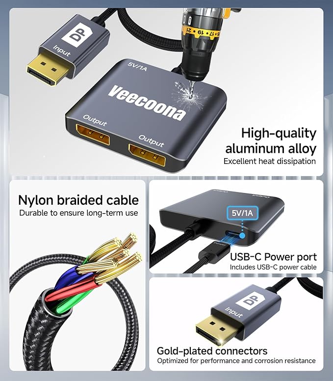 DisplayPort to Dual DisplayPort Splitter 1 in 2 Out | 4K60Hz, DP Source to DP Splitter Extended Display port splitter for Dual monitors, for Desktop,NVIDIA, AMD Graphics Card - MACOS Not Support MST