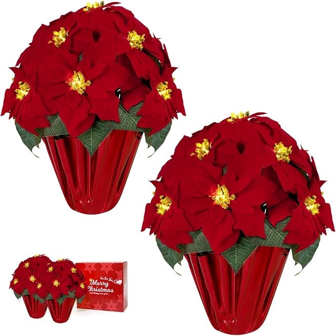 2 Pack 18" Lighted Large Artificial Poinsettias for Outdoors LED Poinsettia Flowers Artificial Faux Poinsettia Plants Poinsettia Christmas Decorations for Office Home Kitchen Decor (Red Paper)