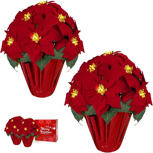 2 Pack 18" Lighted Large Artificial Poinsettias for Outdoors LED Poinsettia Flowers Artificial Faux Poinsettia Plants Poinsettia Christmas Decorations for Office Home Kitchen Decor (Red Paper)