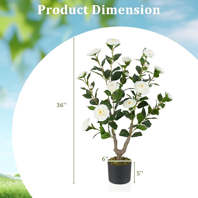 GOFLAME 3FT Artificial Camellia Tree, 2 Pack Faux Camellia Plant with White Flowers, Solid Wood Trunk, Realistic Moss, Greenery Potted Decoration Tree for Indoor Outdoor Home Porch Front Door