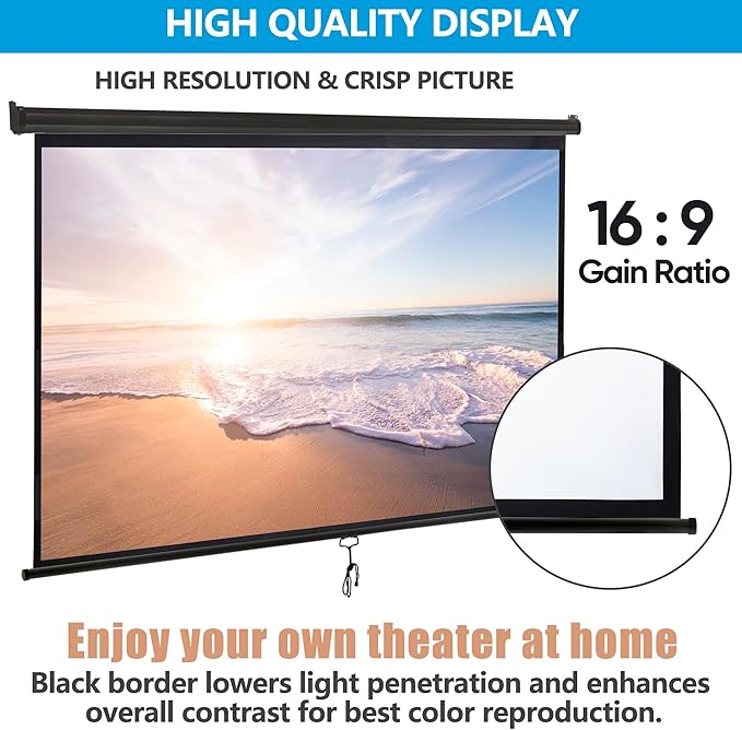 Smartxchoices 100" 16:9 HD Manual Projector Screen with Auto Lock Anti-Crease Home Theater Office Wall Mounted Ceiling Pull Down Projection 1.1 Gain Matte Black, View Size: 87 x 49 inches