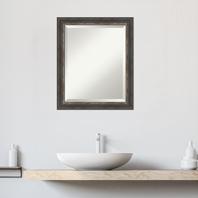 Amanti Art Brown Bathroom Mirror for Over Sink, 23x19 Bark Rustic Char Narrow Rectangle Vanity Mirror, Small Country Rustic Frame, Hangs Horizonally and Vertically, Bathroom Wall Decor, Beveled Edge