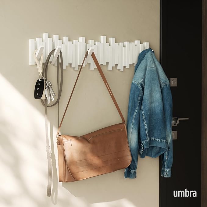 Umbra Sticks Wall-Mounted Coat Rack Rail Hook with 8 Retractable Pegs – Modern, Space-Saving Storage Organizer, White