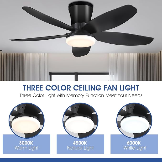 Ceiling Fans with Lights-36 Low Profile Ceiling Fan with Light and Remote/APP Control,Flush Mount,DC Reversible,LED Dimmable Blakc Ceiling Fans for Bedroom,Indoor/Outdoor Patio Use