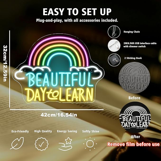 Beautiful Day to Learn LED Neon Sign, 16.5"x12.6" USB Powered, Dimmable, 5V/2A, for Classroom, Study Cornor Home, Gift, Office, Bedroom, Lifelong Learner