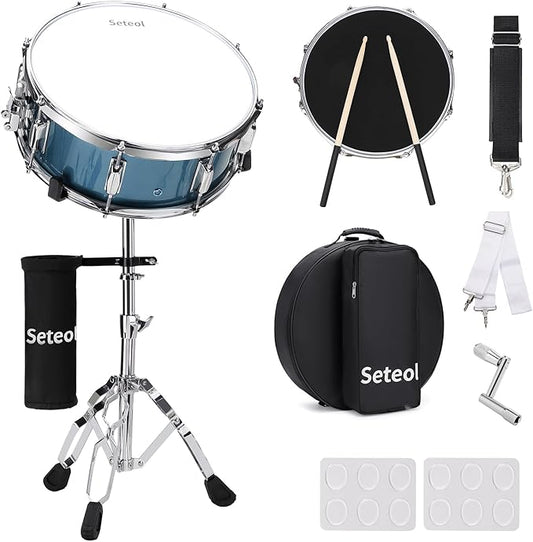 Snare Drum Set, 14" x 5.5" Marching Snare Drum with Stand & Storage Padded Bag + Silent Mute Pad + Drums Sticks + Drumstick Holder + Drums Key + Damper Gels for Adults Kids Beginners (Blue)