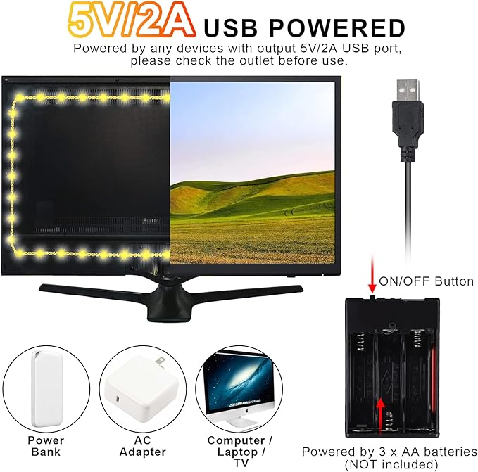 16.4FT Warm White LED Strip Light with USB Plug + Battery Box Operated, 3000K Soft White Ribbon Strip, Adhesive 300LEDs Flexible Strip Tape for Kitchen Bedroom Under Cabinet TV Computer