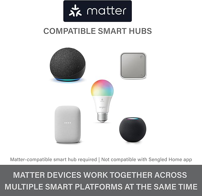 Sengled Matter LED Smart Light Bulb (A19), Multicolor, Compatible with Alexa, 60W Equivalent, 800LM, Instant Pairing, 1-Pack