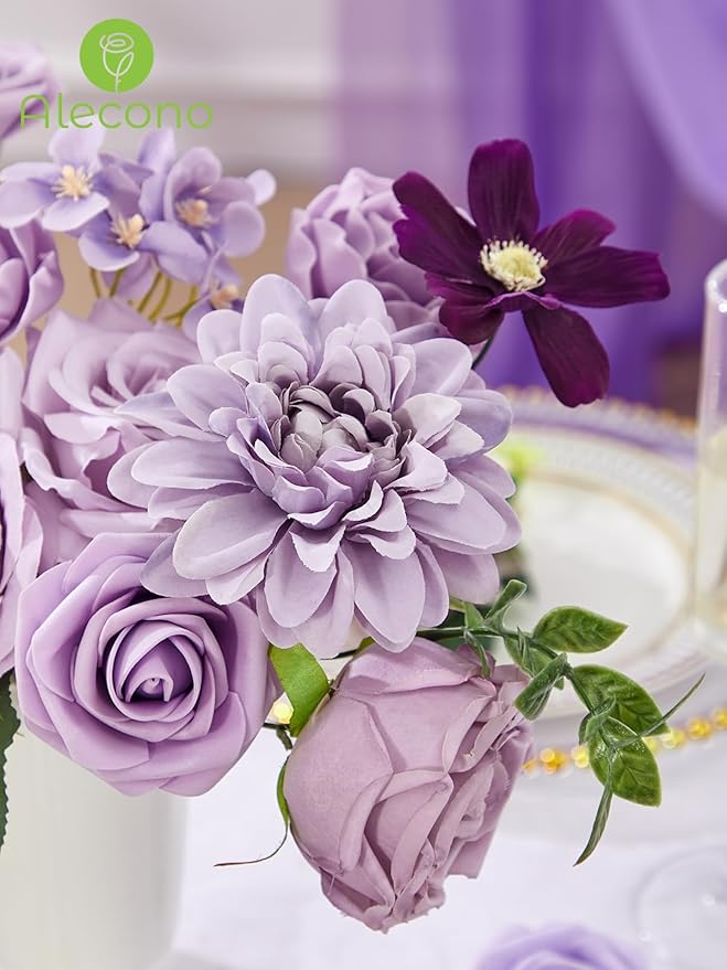 Alecono Artificial Flowers, Purple Fake Flowers Combo Box with Stems for DIY Wedding Bridal Bouquets, Cake Party Table Centerpieces Home Decor
